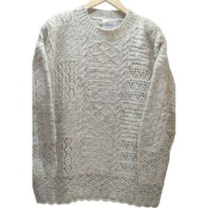 VTG 90s Express Hand Knit Cable Fisherman Sweater Womens M Cream Cozy Preppy